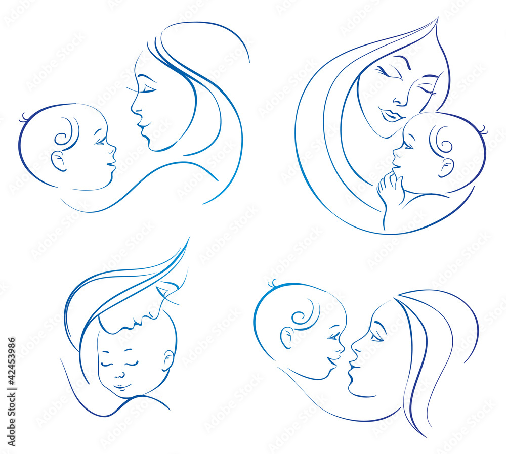 Mother with baby. Set of linear silhouette illustrations Mother with baby. Set of linear silhouette illustrations