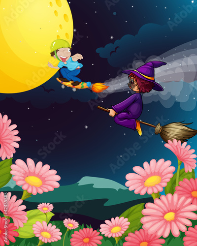 a boy and witch flying
