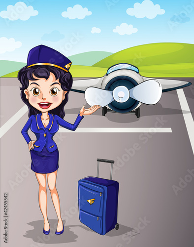 aircraft and girl with luggage