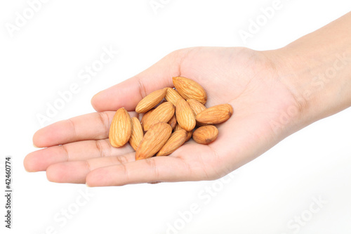 Handful of almonds against white background