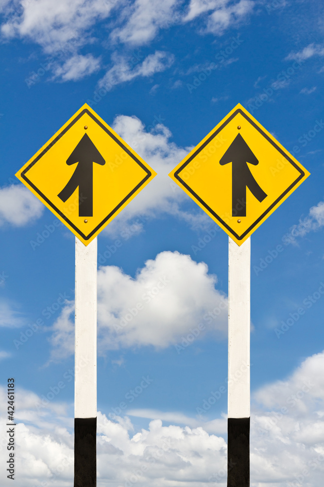 Merging lane from left and right road signpost Merging lane from left and right road signpost