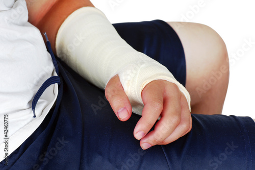 Broken hand in a plaster cast