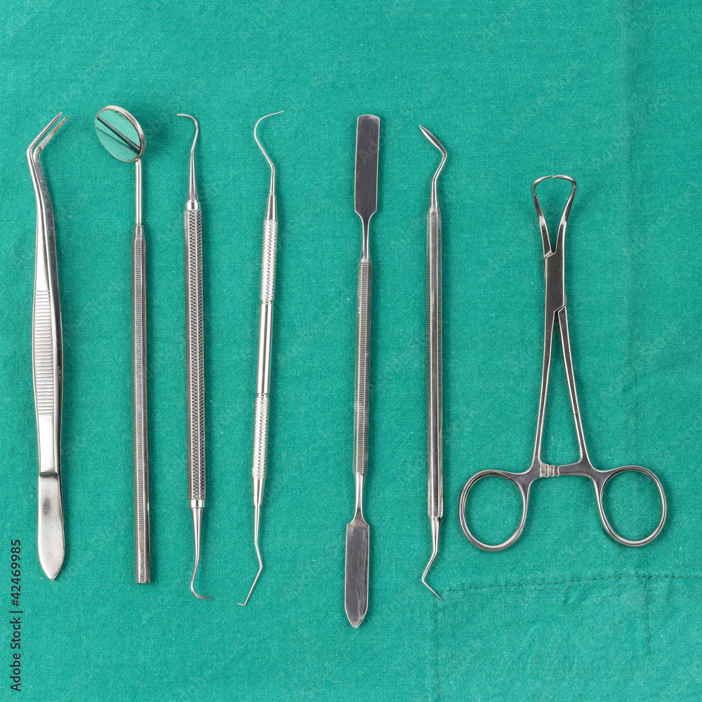 Set of metal medical equipment tools for teeth dental care Set of metal medical equipment tools for teeth dental care