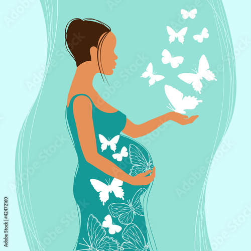 Silhouette of pregnant woman with flowers. Vector illustration.