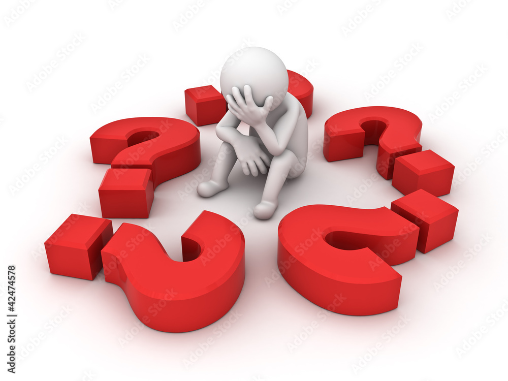Stressed 3d man sitting amongst red question marks Stressed 3d man sitting amongst red question marks