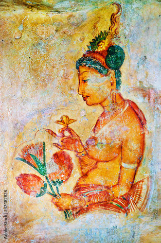 ancient frescos on mount Sigiriya, Sri Lanka ( Ceylon ).