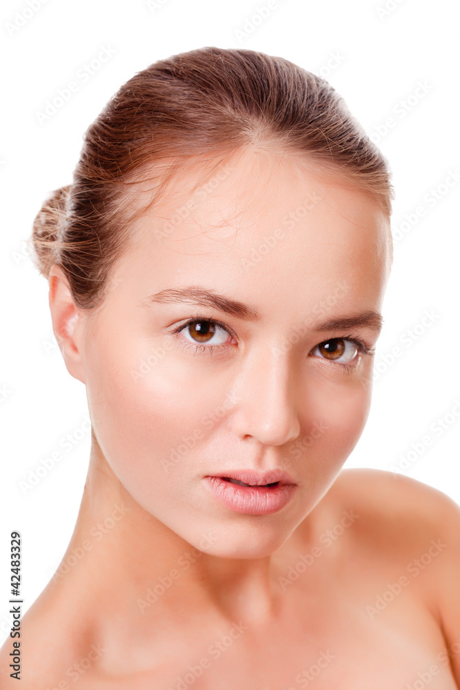 Young woman face on white