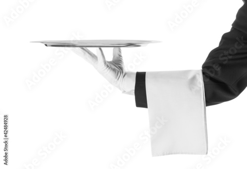 Waiter holding empty silver tray