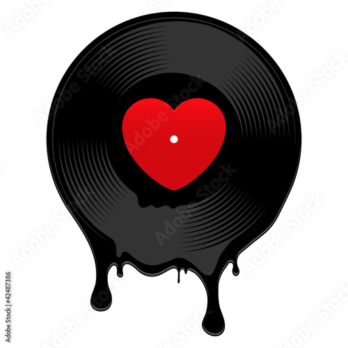 Melted vinyl record with heart. Vector illustration.