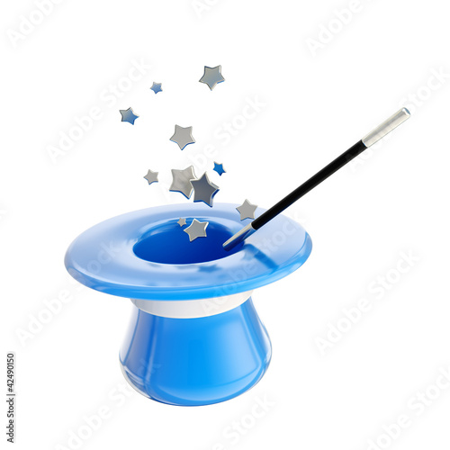 Magician hat and magic wand with stars