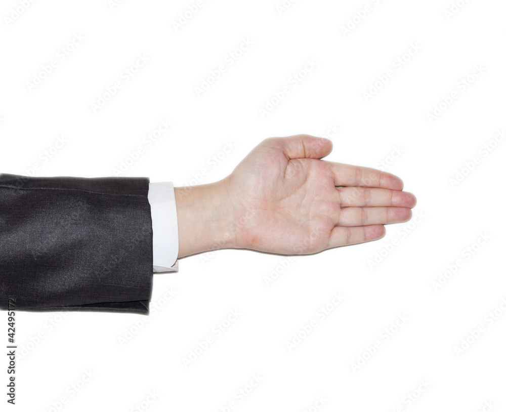 A business man with an open hand ready to seal a deal A business man with an open hand ready to seal a deal