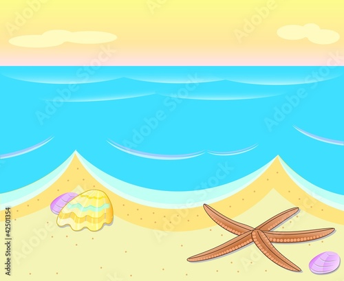 Illustration of the sea coast with the seashells and sea-star