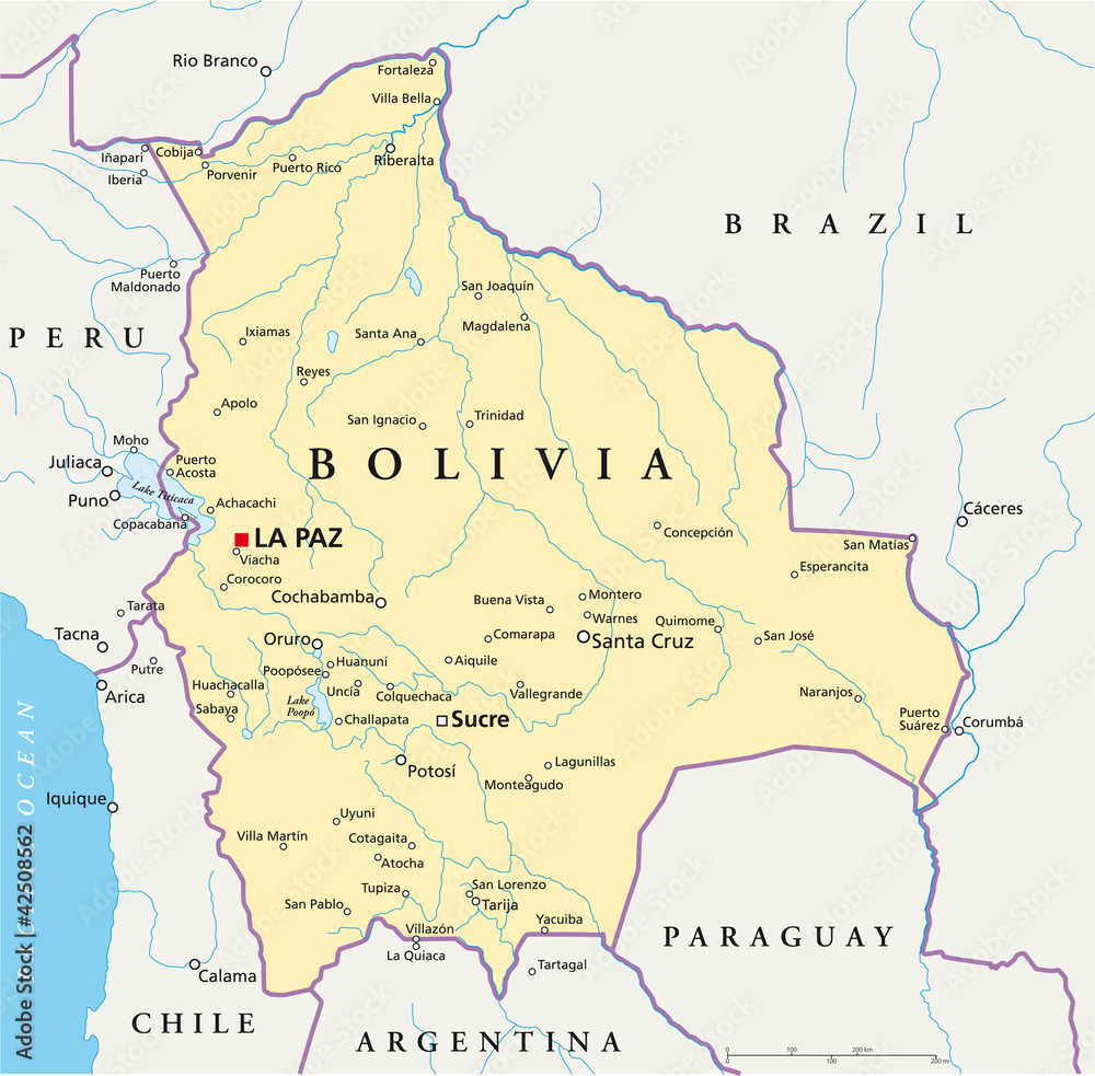 Cities In Bolivia Map Bolivia Political Map With Capital La Paz, National Borders, Most Important  Cities, Rivers And Lakes. Illustration With English Labeling And Scaling.  Vector. Stock Vector | Adobe Stock
