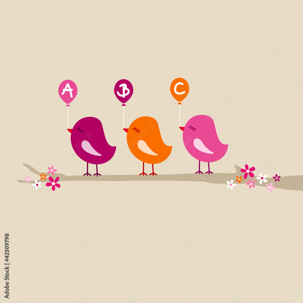 3 Birds Pink/Orange With Balloons ABC On Tree Beige 3 Birds Pink/Orange With Balloons ABC On Tree Beige