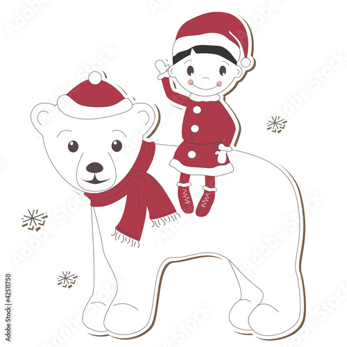 Christmas white bear and boy on white background.