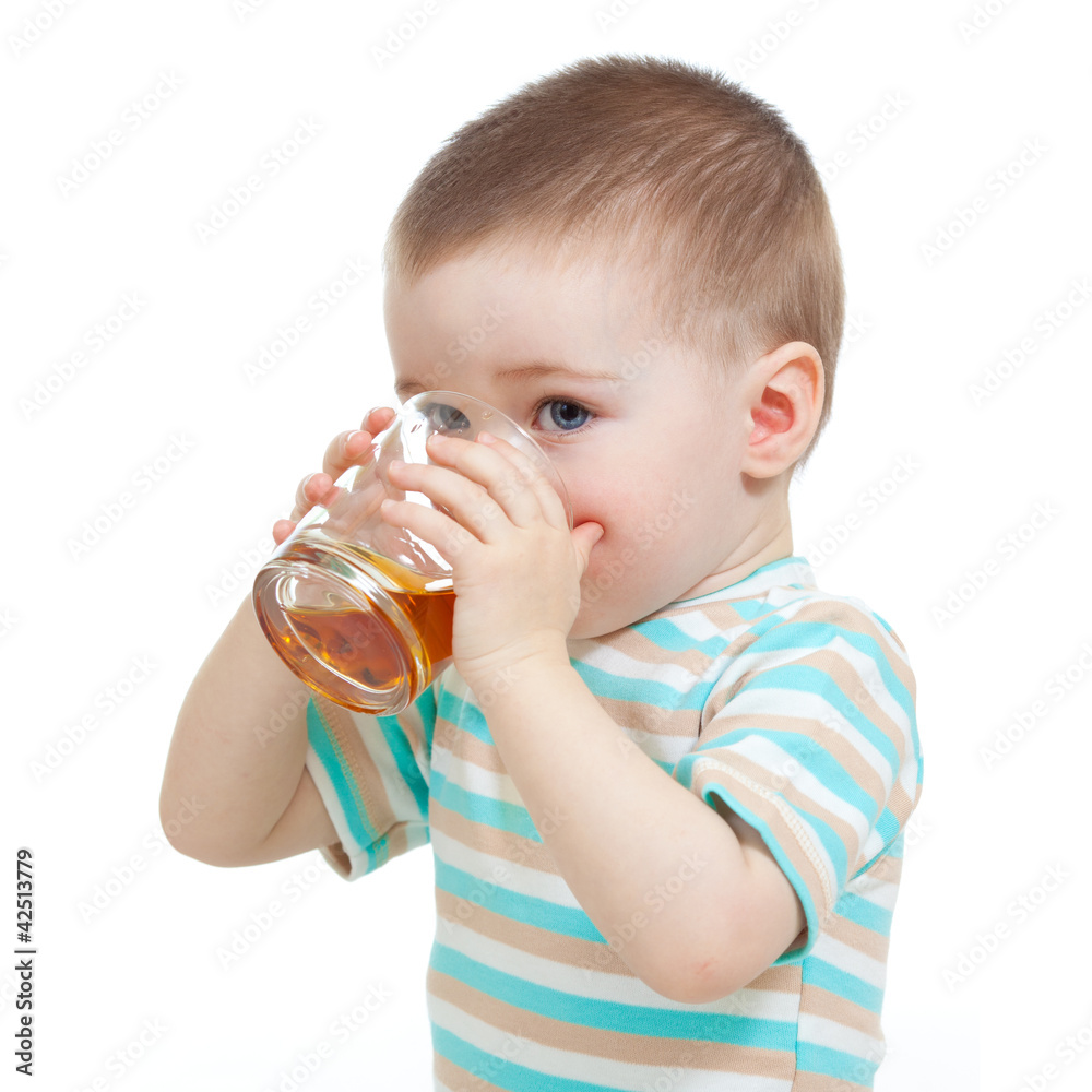 funny child drinking fruits over white background funny child drinking fruits over white background