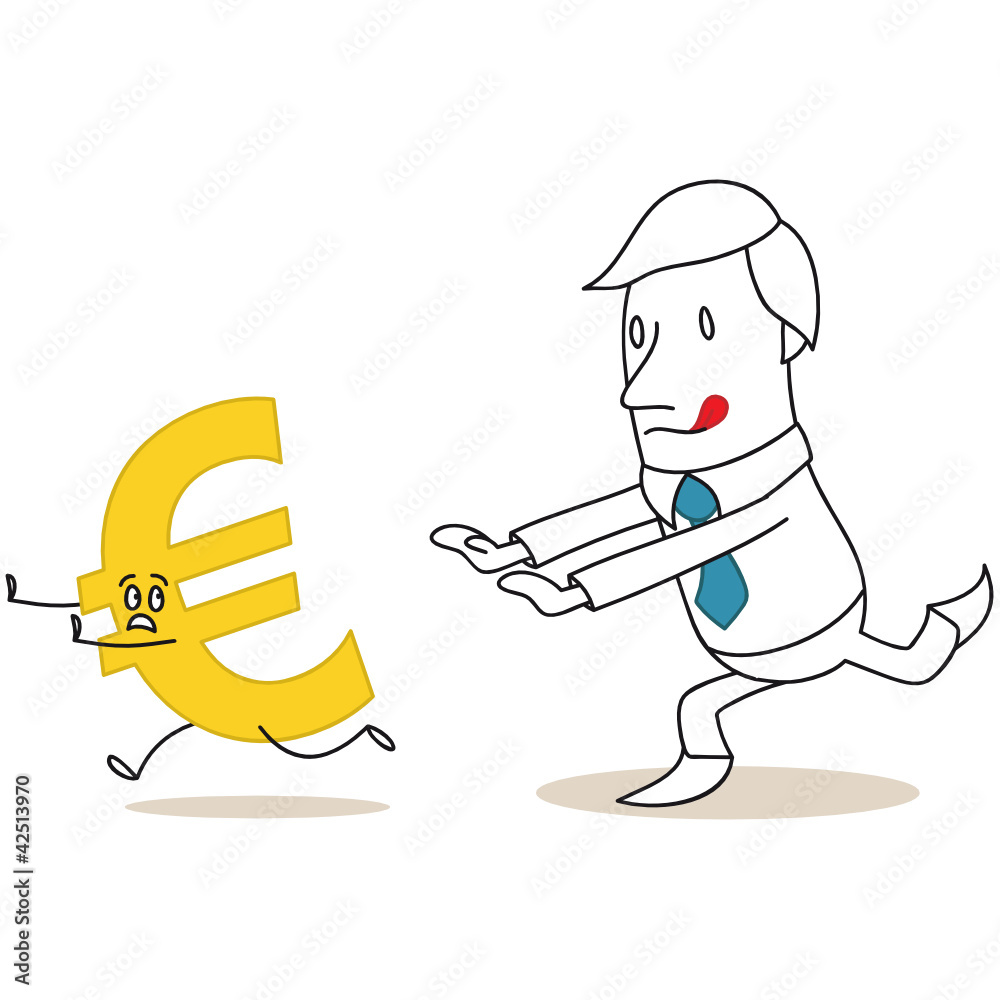 Geschäftsmann, jagt Euro, rennend, Währungen