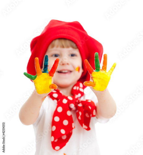 cheerful girl child with painted hands  isolated over white