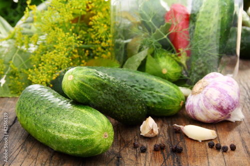 Cucumbers, herbs and spices for pickling.