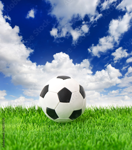 soccer ball on green grass over dramatic blue sky © LiliGraphie