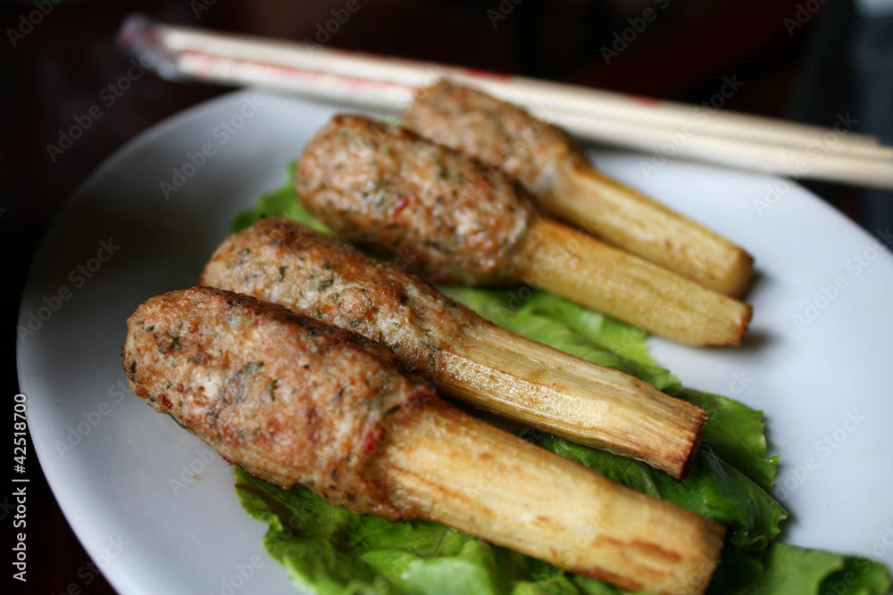 mint shrimp sugarcane in Hanoi, Vietnamese food mint shrimp sugarcane in Hanoi, Vietnamese food