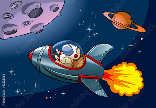 Spaceship with astronaut approaching planet, vector
