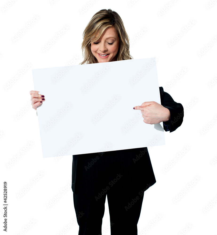 Executive pointing at empty banner ad board Executive pointing at empty banner ad board