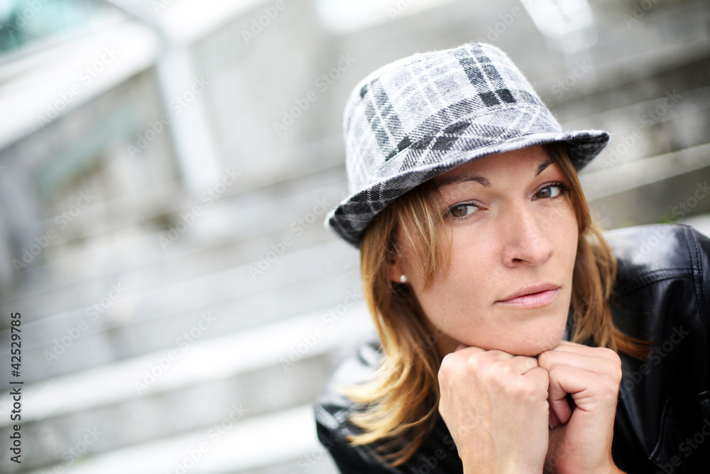 Portrait of woman with hat and leather jacket in town