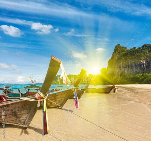 Long tail boats on beach, Thailand