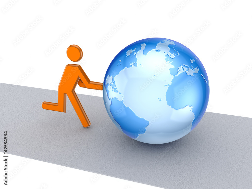 3d small person pushing a globe.