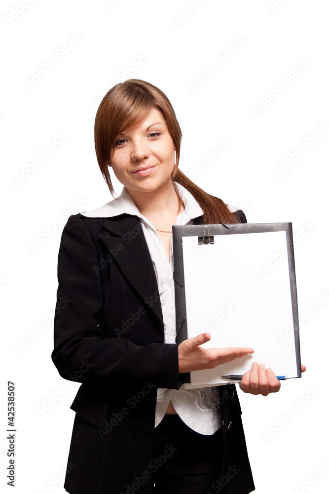 Isolated cute young business woman shows document Isolated cute young business woman shows document
