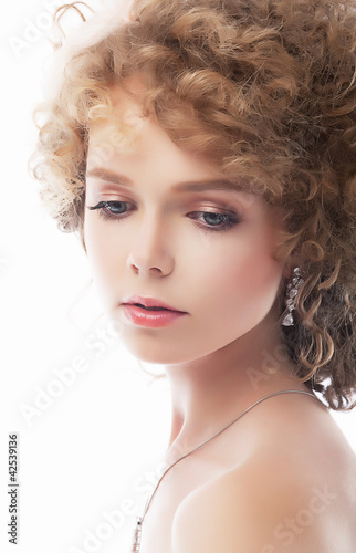 Beauty woman  curly hair  clean skin on white background