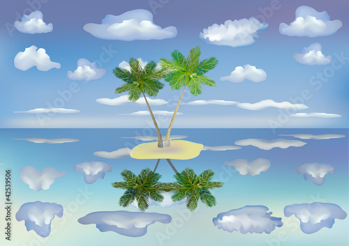 The sea , island, palm trees.