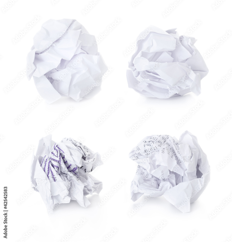 Set of Office Crumpled Paper Balls / blank and used up / isolat Set of Office Crumpled Paper Balls / blank and used up / isolat