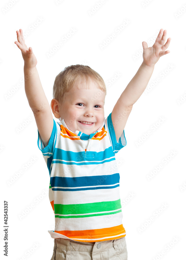 child boy with hands up isolated on white background child boy with hands up isolated on white background