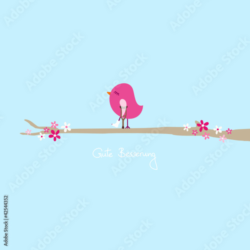 Vogel pink mit Krücke & Gipsbein Ast blau