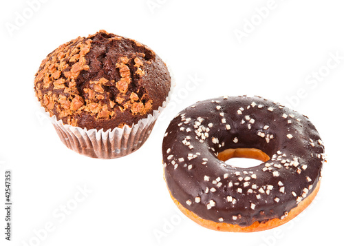 chocolate cake and donut isolated