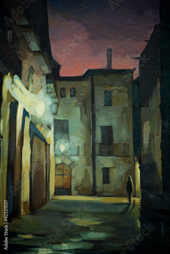 ancient Gothic quarter in Barcelona at night, painting, illustra #42551507