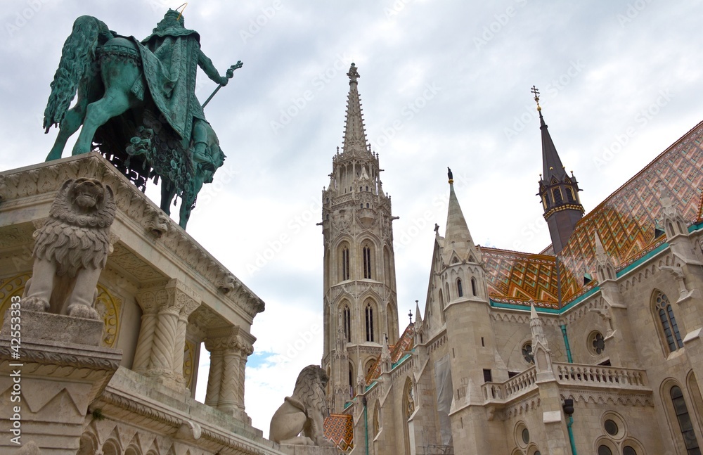 Saint Istvan statue facing Matthias church in Budapest, Hungary