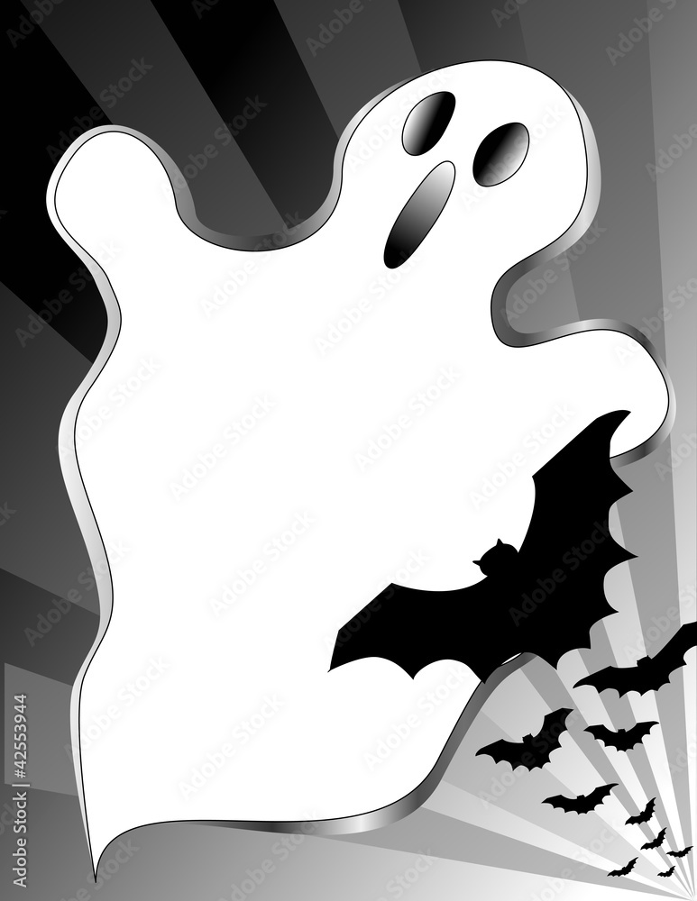 Halloween Ghost and Flying Bats Poster, copy space Halloween Ghost and Flying Bats Poster, copy space