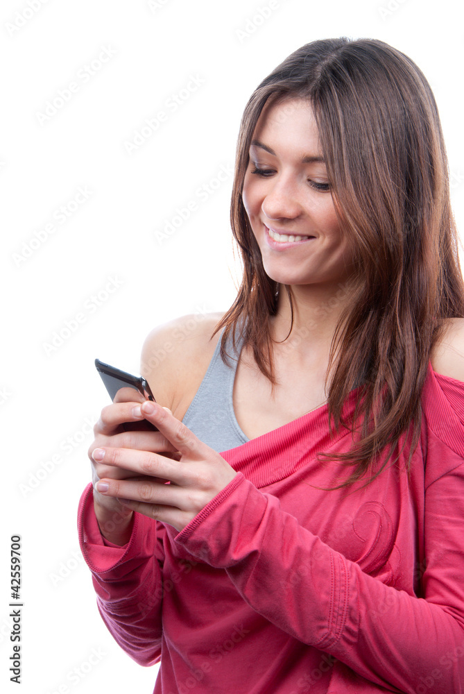 Woman mobile cell phone mobile texting on touch screen Woman mobile cell phone mobile texting on touch screen