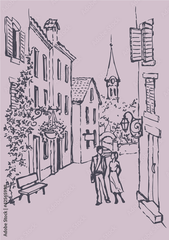 Vector cityscape. Couple walking along old street