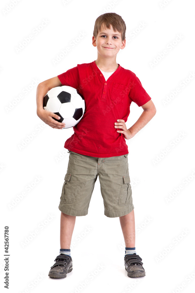 Cute boy is holding a football ball. Soccer ball Cute boy is holding a football ball. Soccer ball