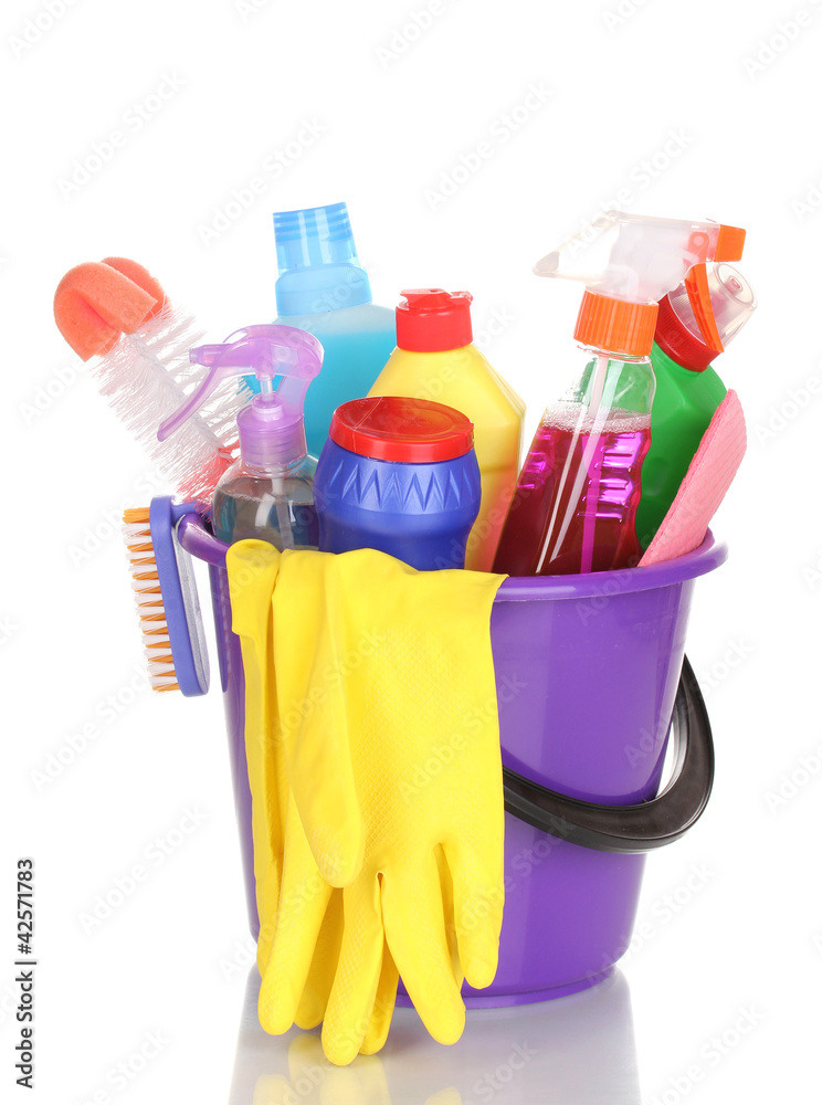 Cleaning items in bucket isolated on white Cleaning items in bucket isolated on white
