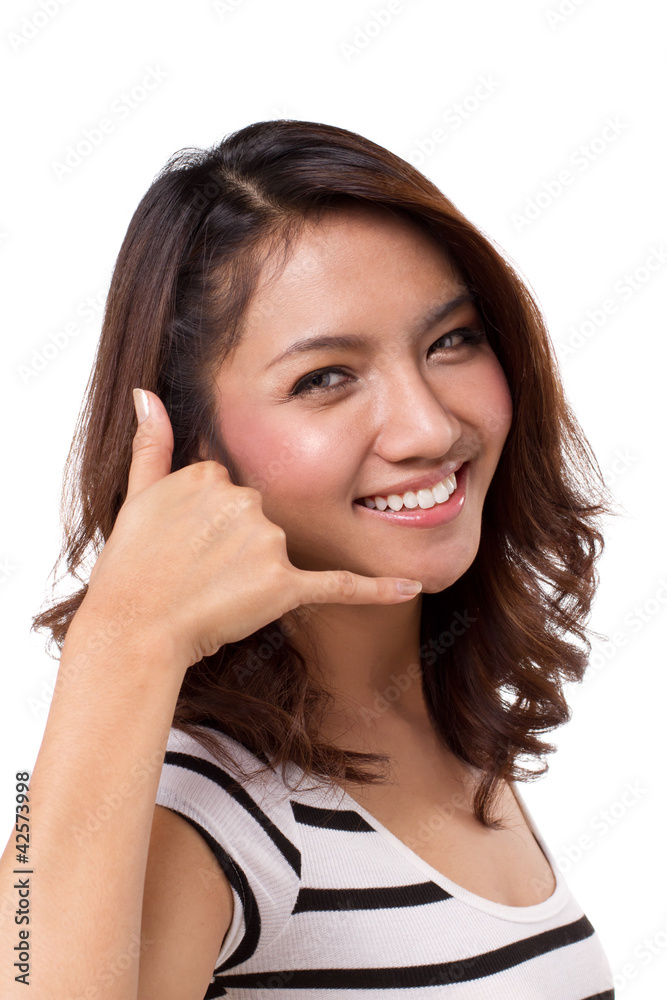 Call us contact us hand gesture of beautiful woman Call us contact us hand gesture of beautiful woman