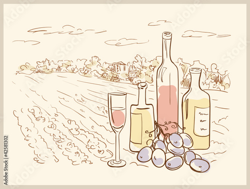 Hand drawn vineyard with bottles of wine