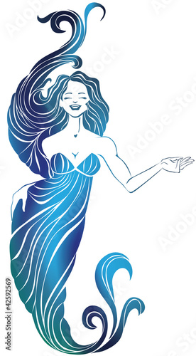 Smiling pretty girl in long flowing evening dress. Makes hand ge