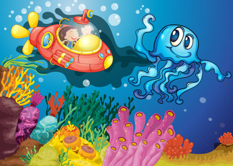 Handdoek met foto Onderwaterwereld Octopus omhelst kinderen in duikboot  © GraphicsRF