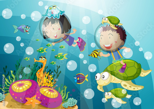 Obraz żółw i dzieci w głębokiej wodzie