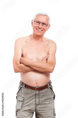 Happy smiling naked elderly man